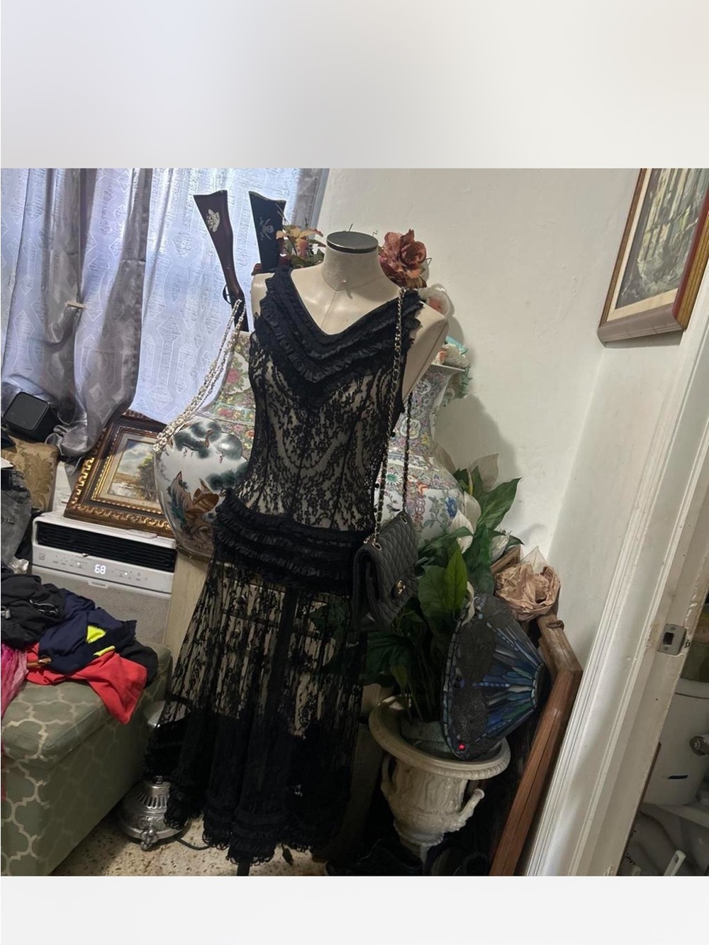Black Lace  vintage 80s Sleeveless Midi Dress with Tiered Ruffle Detail